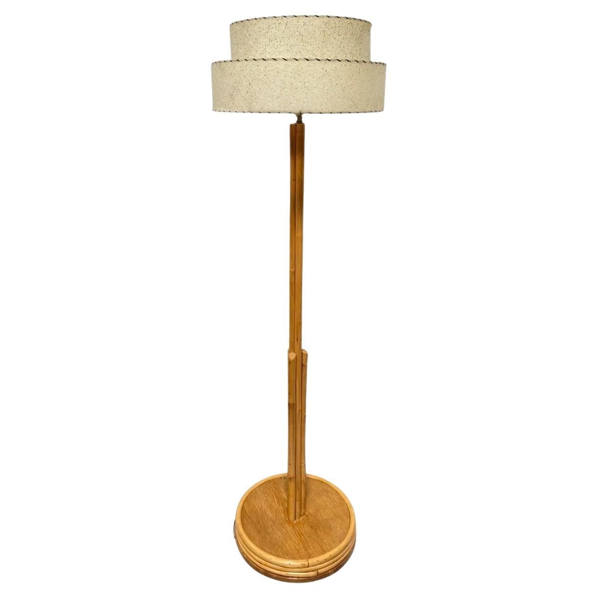 Restored Mid Century Pole Rattan Floor Lamp w/ Mahogany Base For Sale
