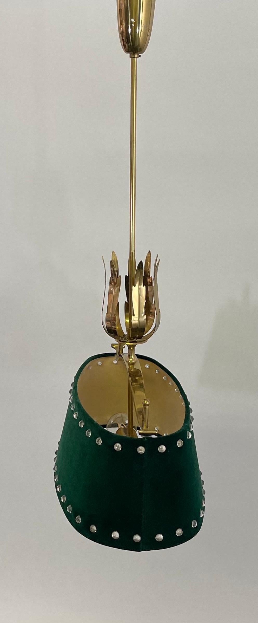 Mid-Century Polished Brass and Green Felt Pendant Light, circa 1950s For Sale 4
