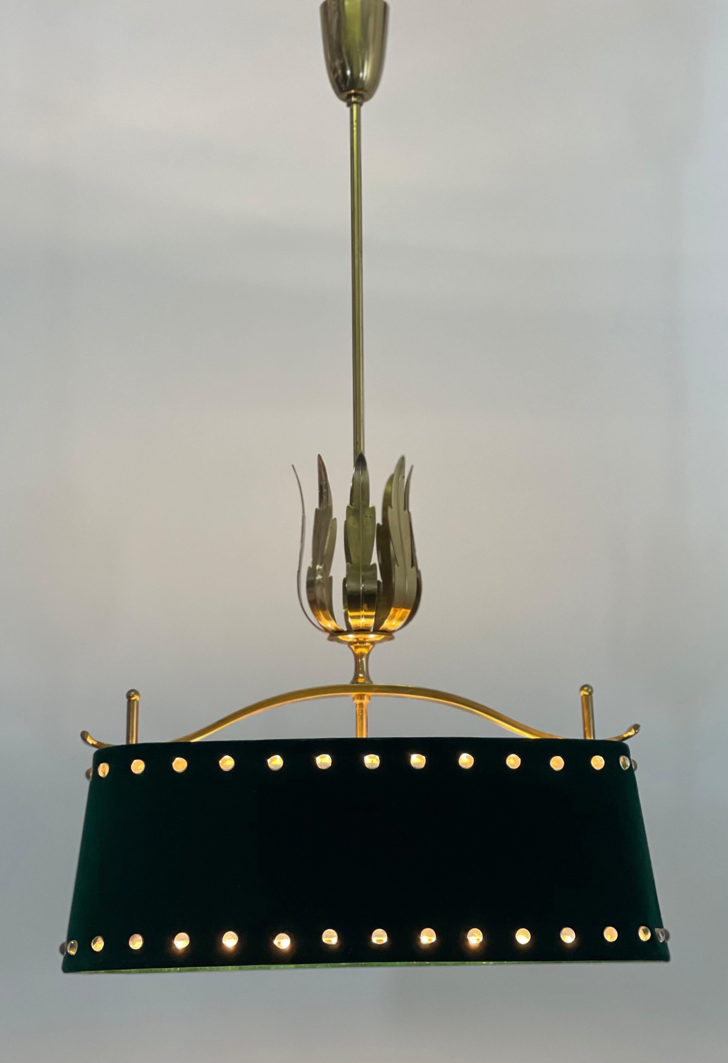 Mid-Century Polished Brass and Green Felt Pendant Light, circa 1950s For Sale 7