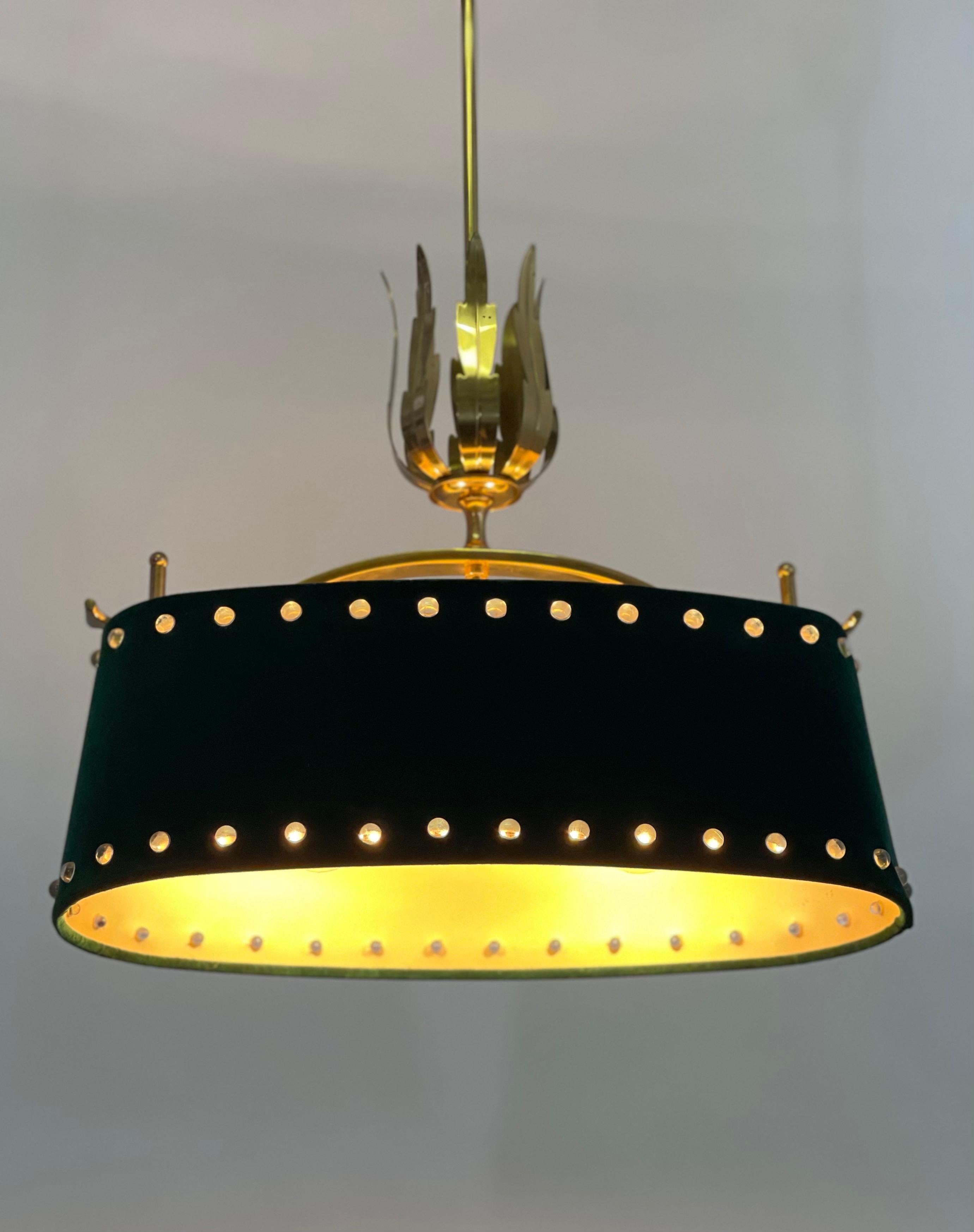 Mid-Century Modern Mid-Century Polished Brass and Green Felt Pendant Light, circa 1950s For Sale