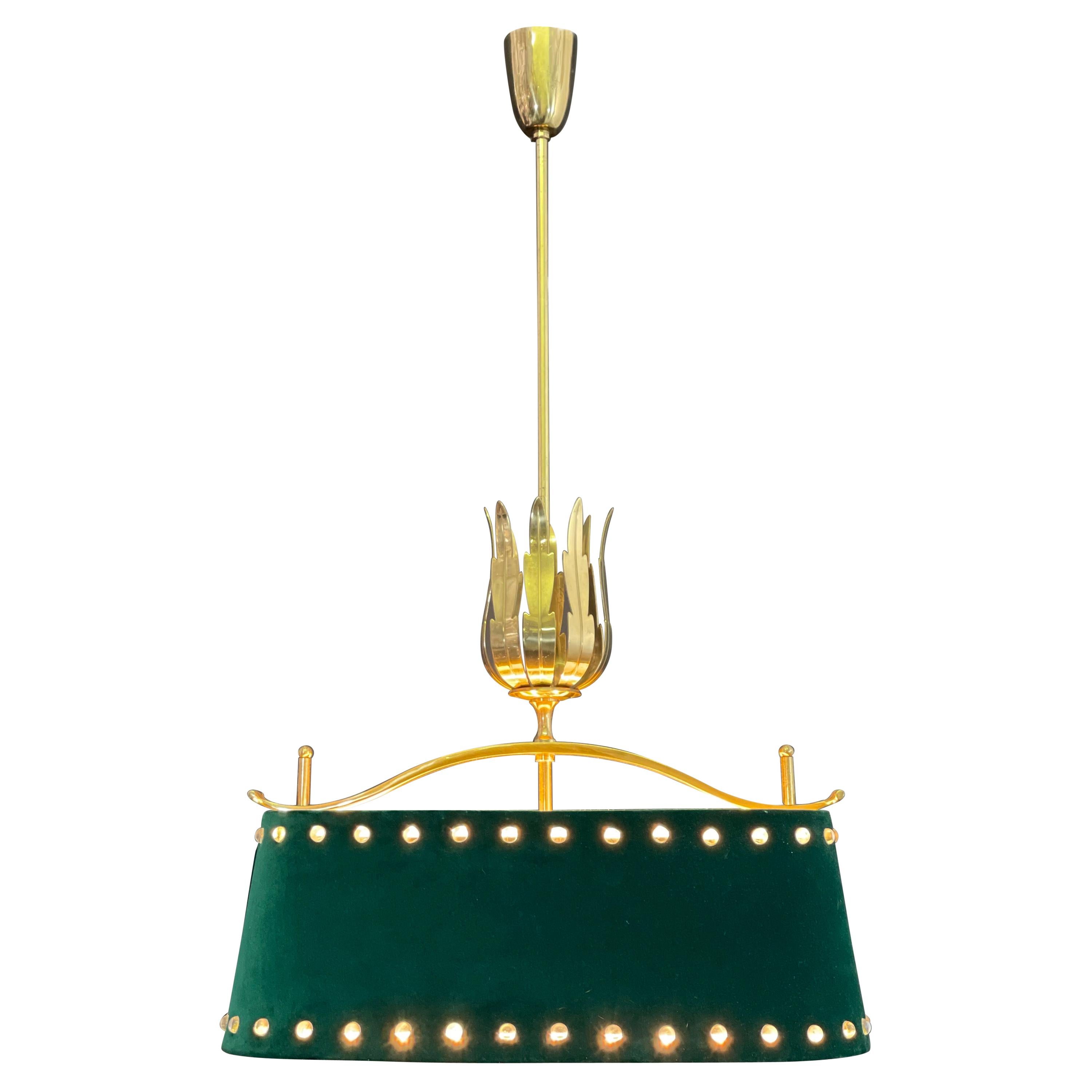 Mid-Century Polished Brass and Green Felt Pendant Light, circa 1950s For Sale