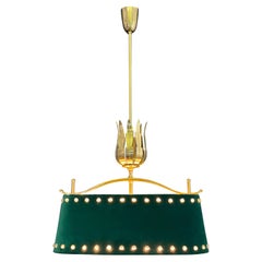 Mid-Century Polished Brass and Green Felt Pendant Light, circa 1950s