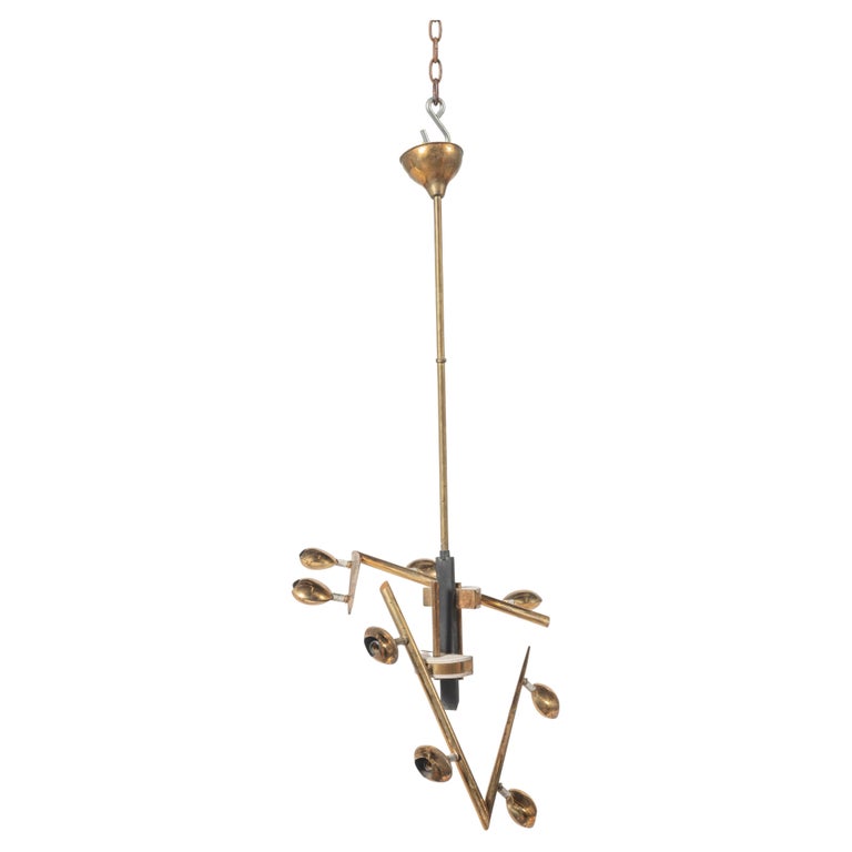 Mid-Century Polished Brass and Lacquered Metal Suspension Lamp For Sale