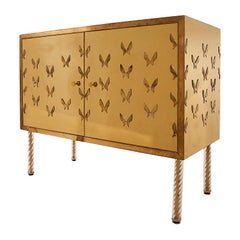 Mid-Century Polished Brass Cabinet with Butterfly Appliques and Brass Legs