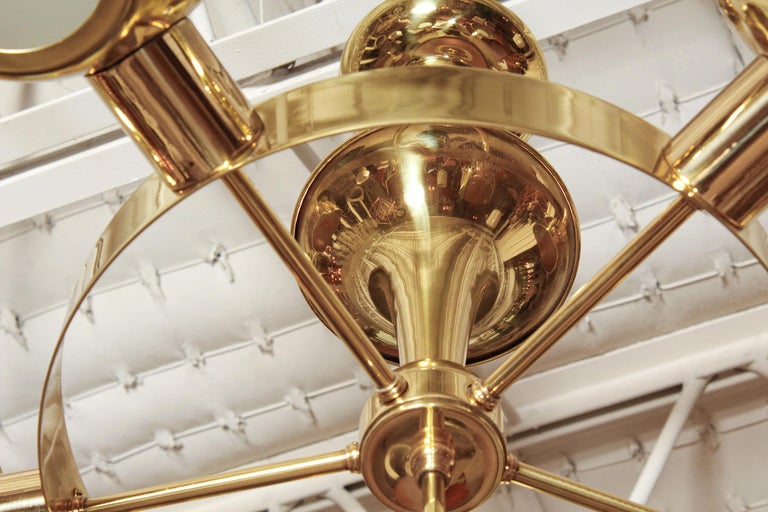 Frosted Midcentury Polished Brass Chandelier by Lightolier For Sale