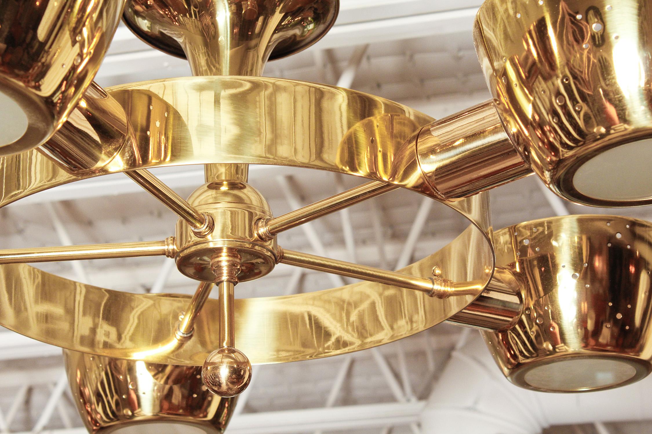 Frosted Midcentury Polished Brass Chandelier by Lightolier