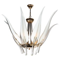 Mid Century Polished Brass & Handblown Murano Glass Stylized "Leaf" Chandelier