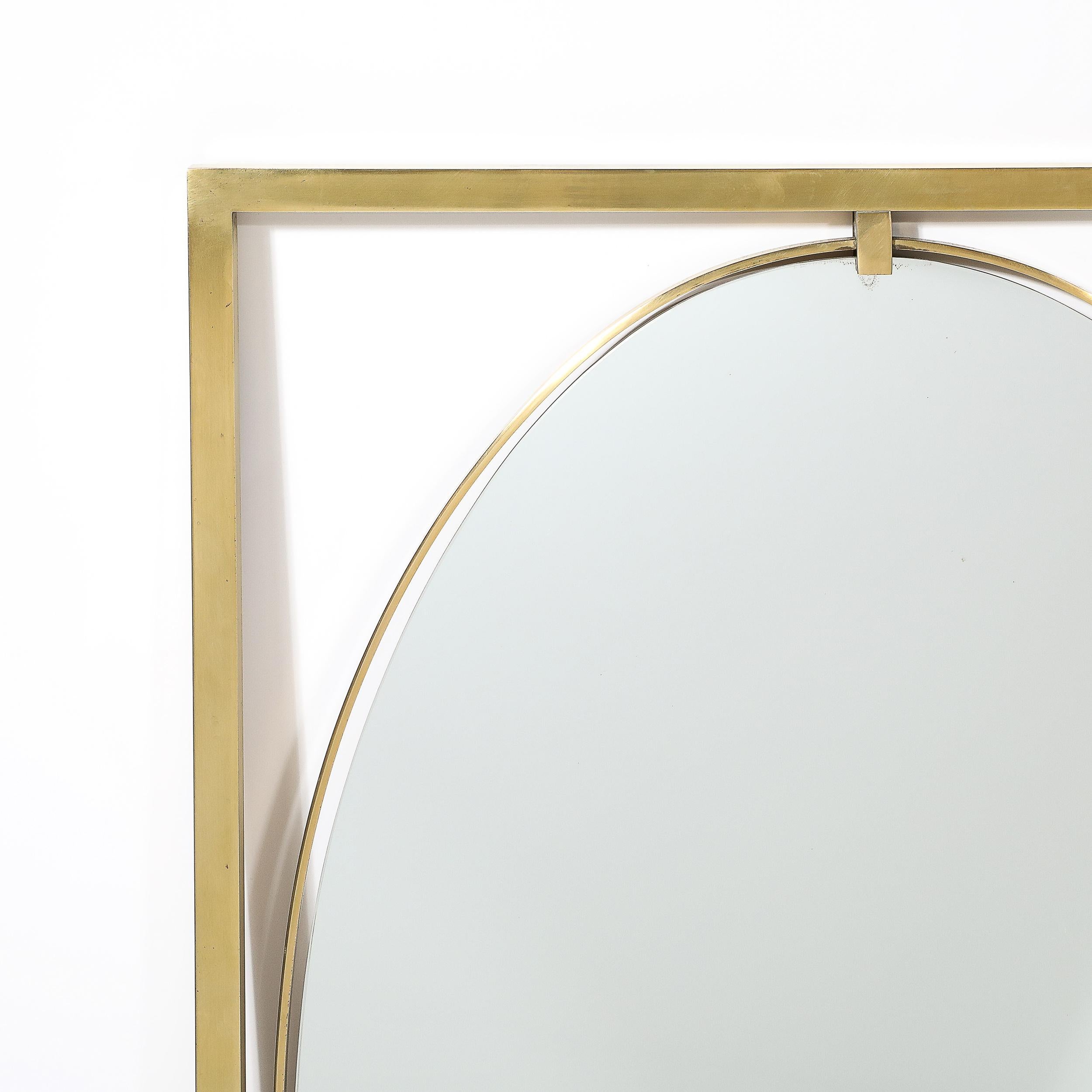 American Mid-Century Polished Brass Rectilinear Open Frame Oval Mirror by John Widdicomb For Sale