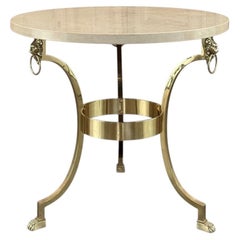 Mid Century Polished Brass Tripod Table with Lion Heads and Stone Top