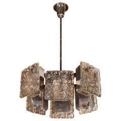 Midcentury Polished Chrome Chandelier with Textured Glass Shades by Mazzega