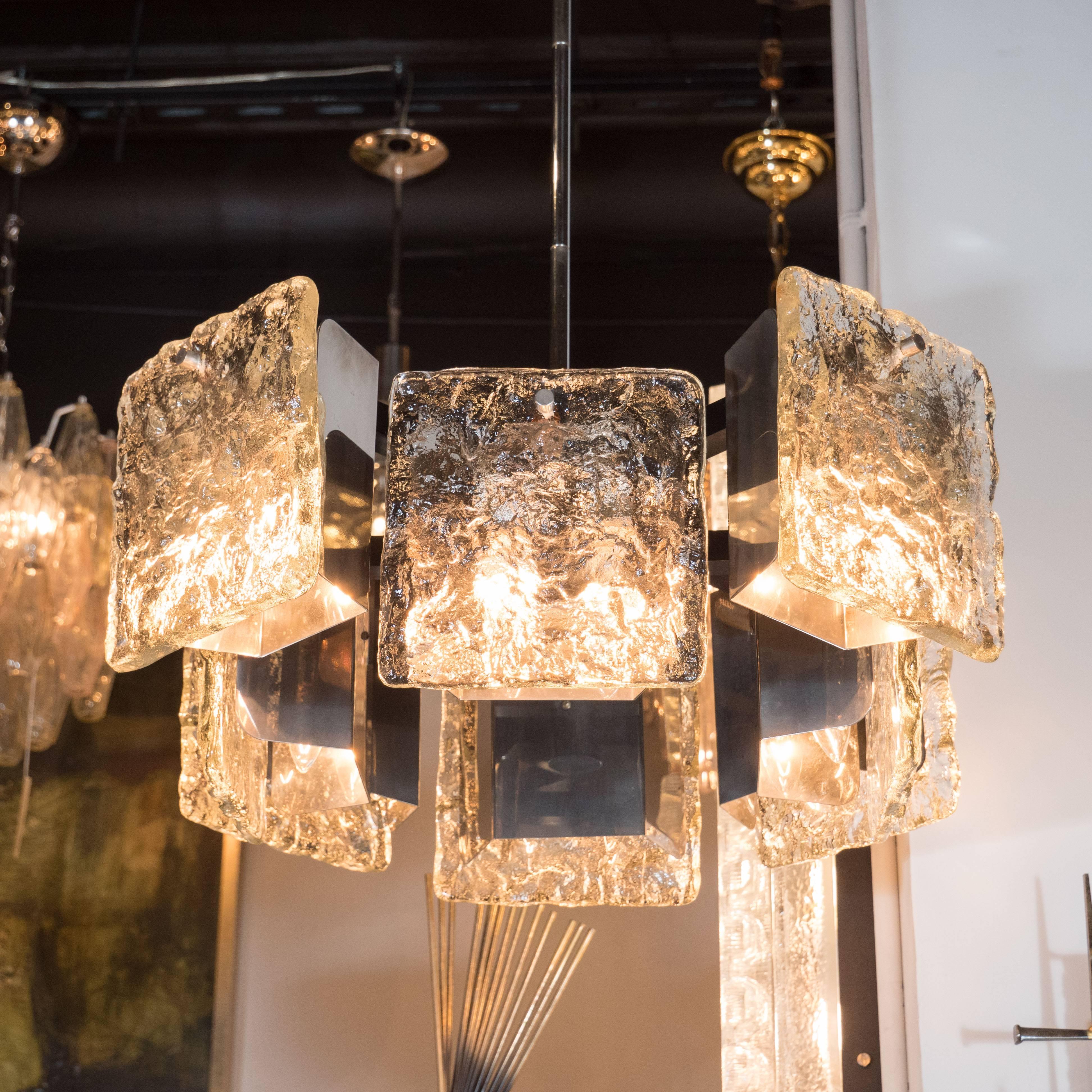 Late 20th Century Midcentury Polished Chrome Chandelier with Textured Glass Shades by Mazzega