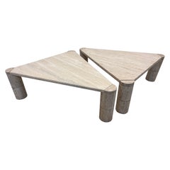 Mid-Century Polished Italian Travertine Triangle Coffee Tables, 1970s, a Pair