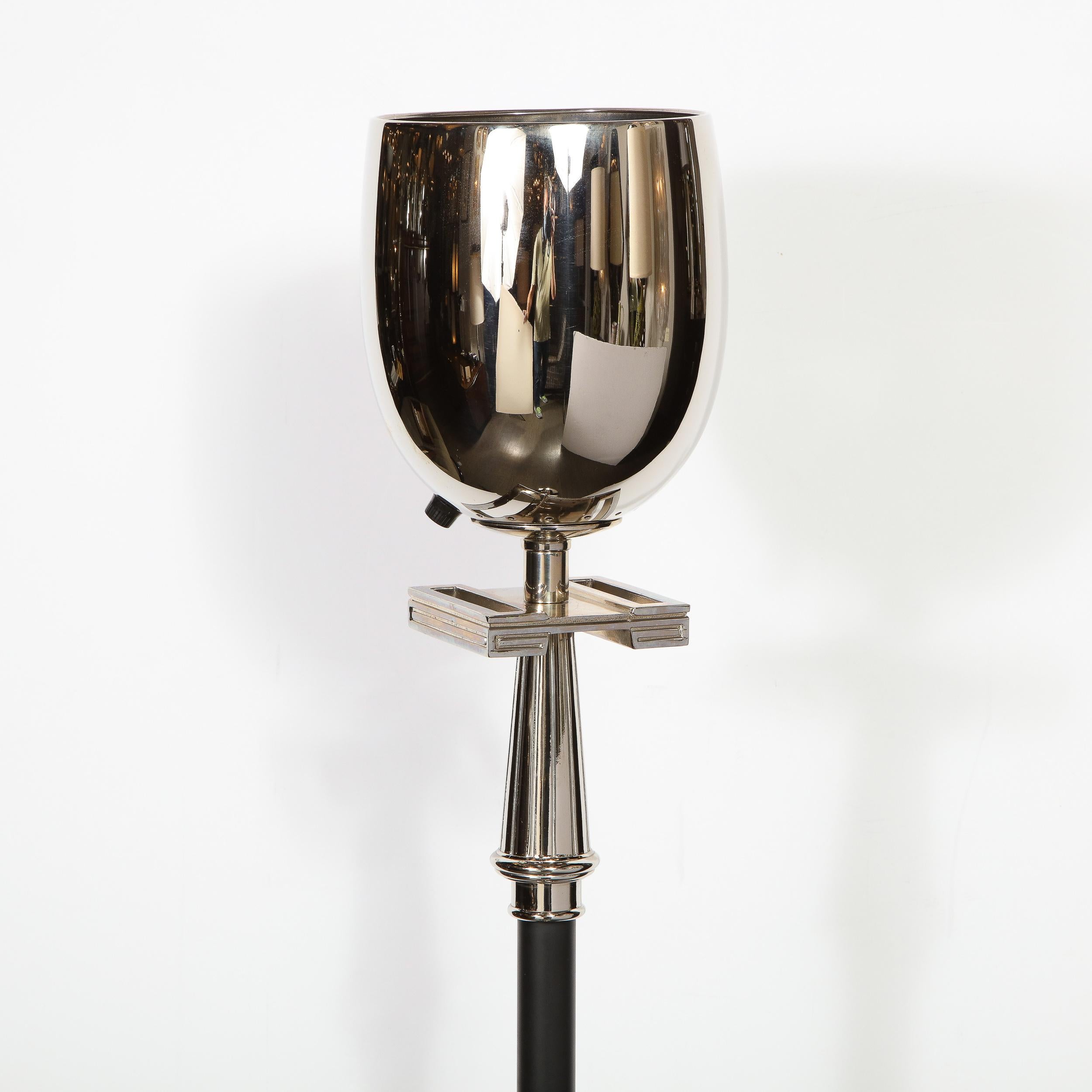 Mid-20th Century Midcentury Polished Nickel & Black Enamel Floor Lamp, Manner of Tommi Parzinger