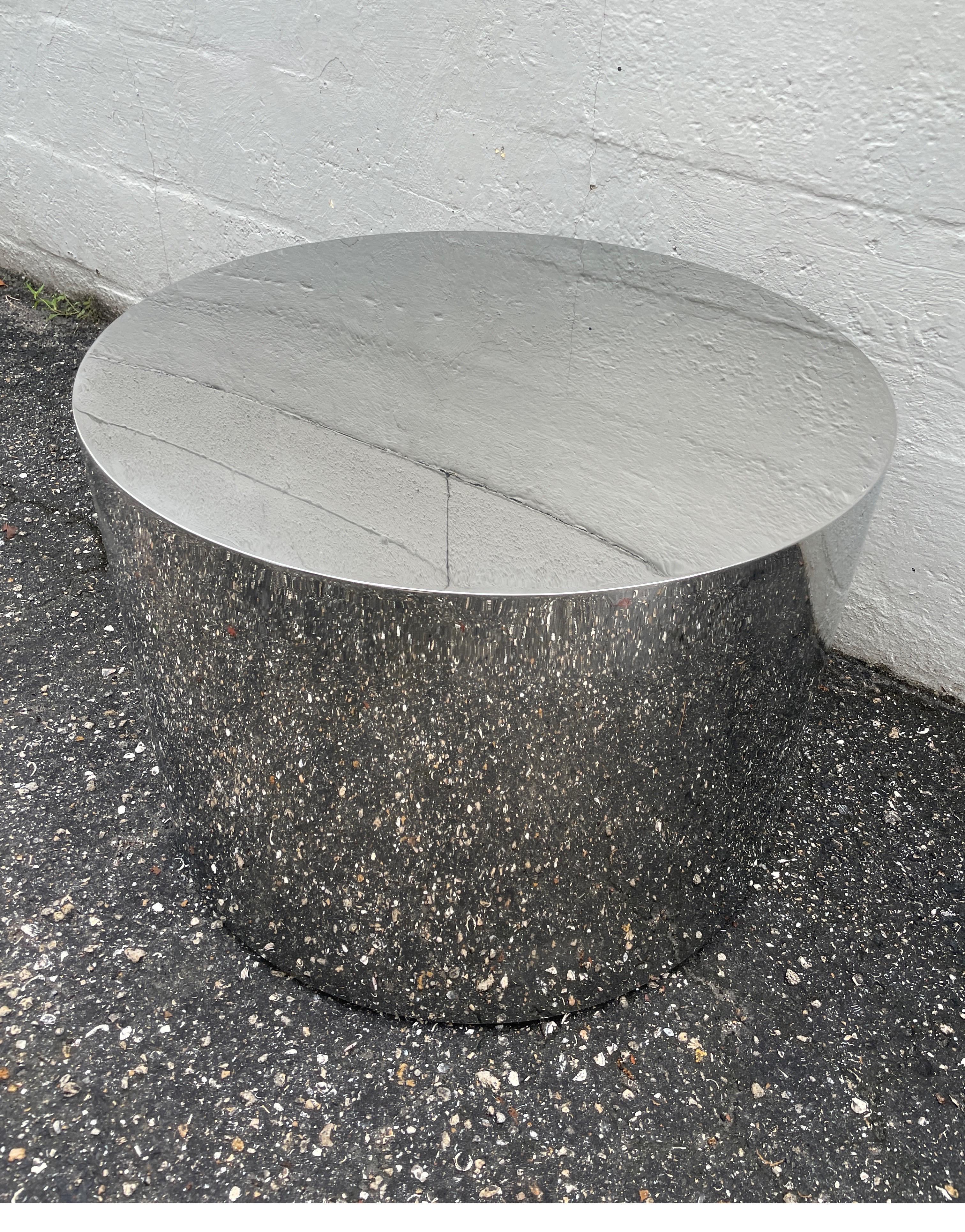 American Mid Century Polished Stainless Steel Drum Table 