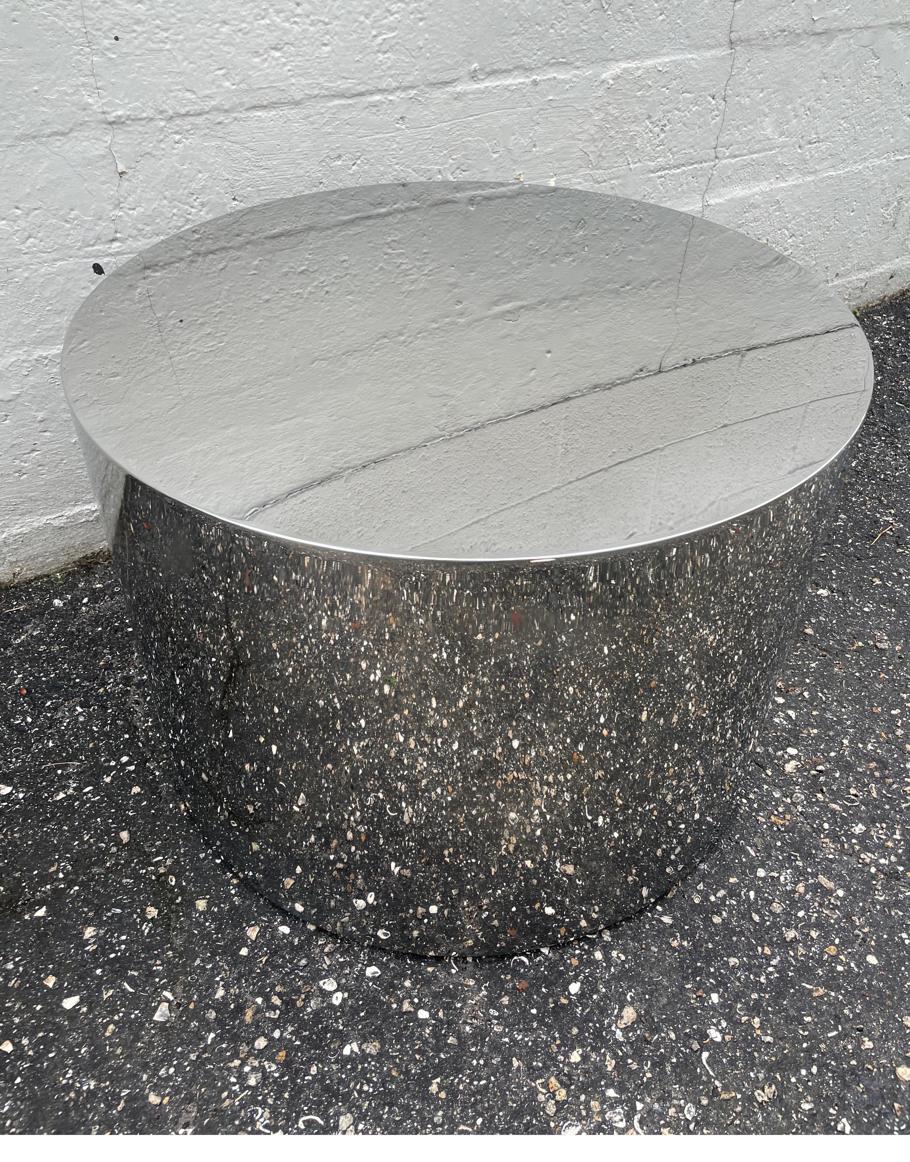 Mid Century Polished Stainless Steel Drum Table  In Good Condition In West Palm Beach, FL
