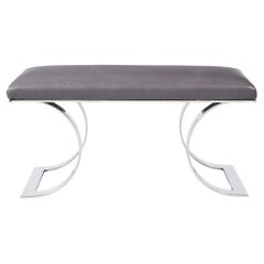 Mid-Century Polished  Steel & Holly Hunt Leather JMF Bench by Karl Springer