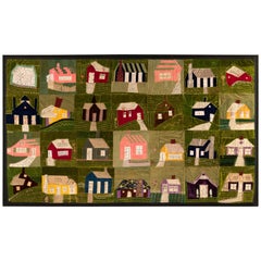 Mid-Century Polychrome Patchwork Quilt of 28 Buildings