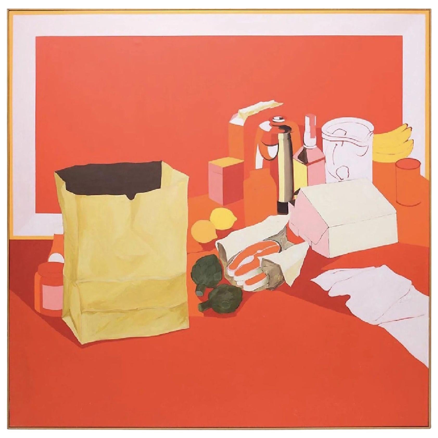 Peinture à l'huile Pop Art du milieu du siècle - Nature morte - Salvatore Grippi - Robe banane rouge saumon