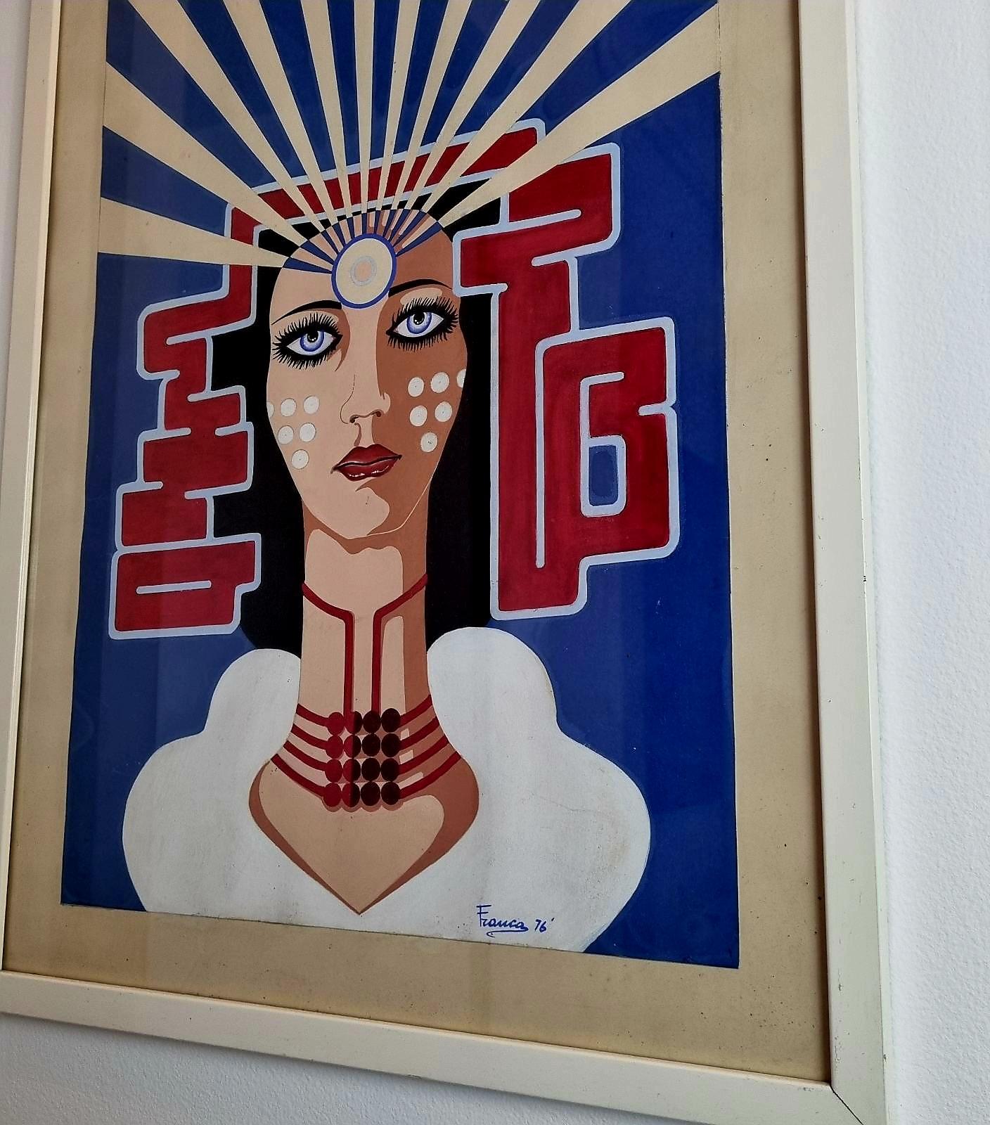 Mid Century Pop Art Gemälde, Acryl auf Papier, Italien 70er Jahre (Moderne der Mitte des Jahrhunderts) im Angebot