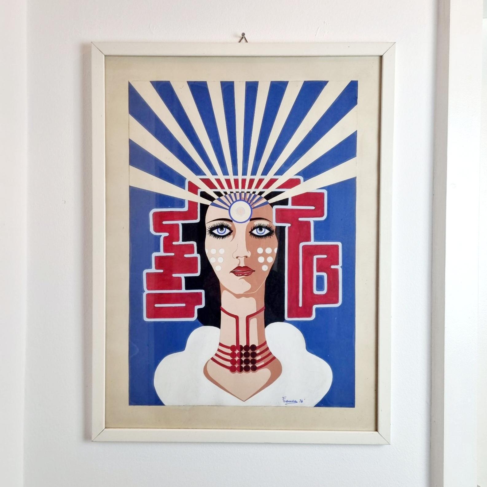 Mid Century Pop Art Gemälde, Acryl auf Papier, Italien 70er Jahre (Ende des 20. Jahrhunderts) im Angebot