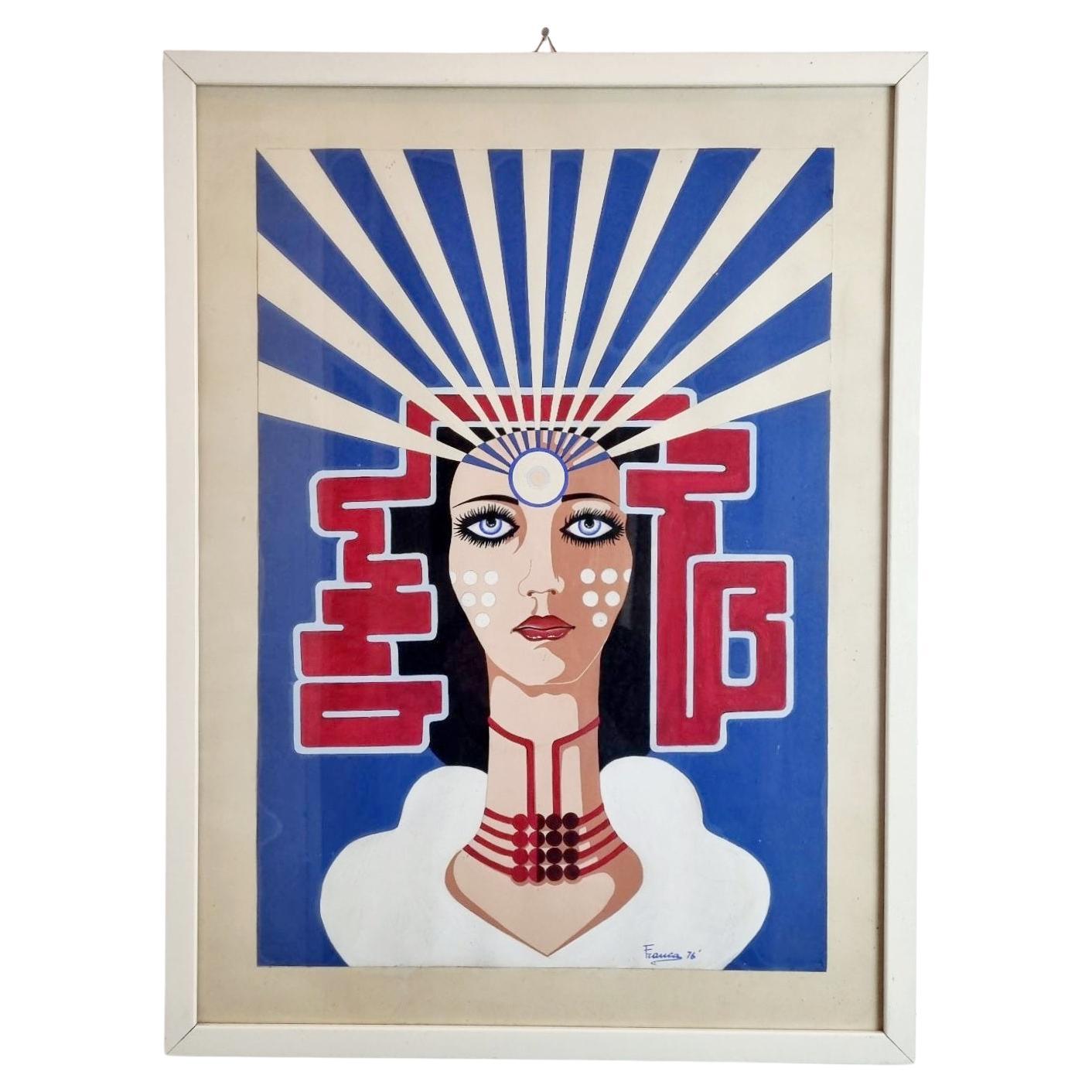 Mid Century Pop Art Gemälde, Acryl auf Papier, Italien 70er Jahre im Angebot