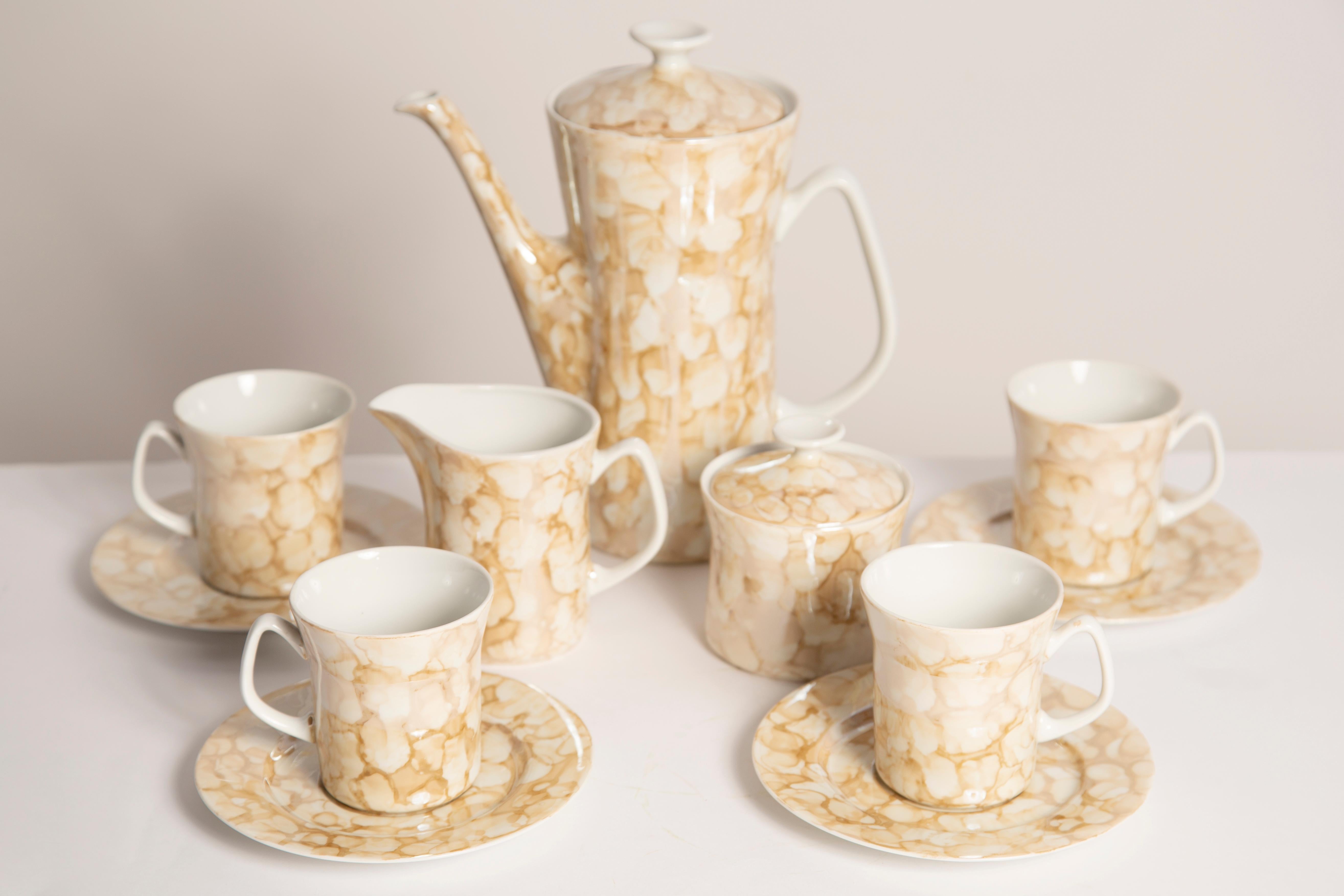 Polish Midcentury Porcelain Beige Marble Tea Coffee Service Jug and Cups, Poland, 1960 For Sale