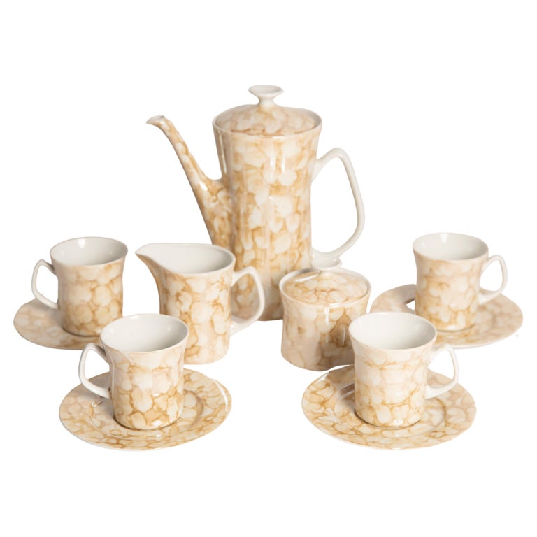 MidCentury Porcelain Beige Marble Tea Coffee Service Jug and Cups
