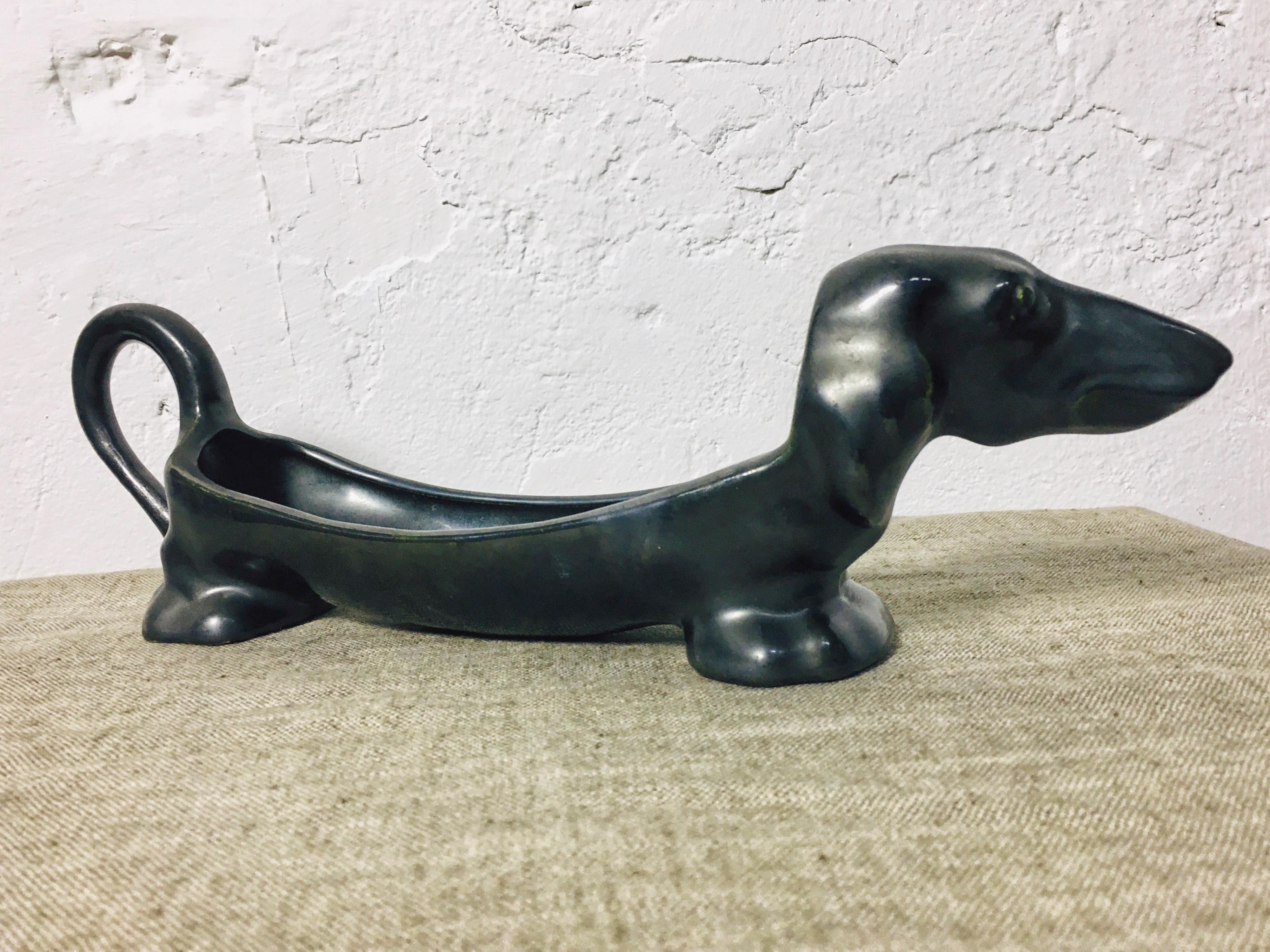 Mid-Century Modern Mid-Century Black Porcelain Dachshund Pocket Emptier / Key Tray Dog Figurine