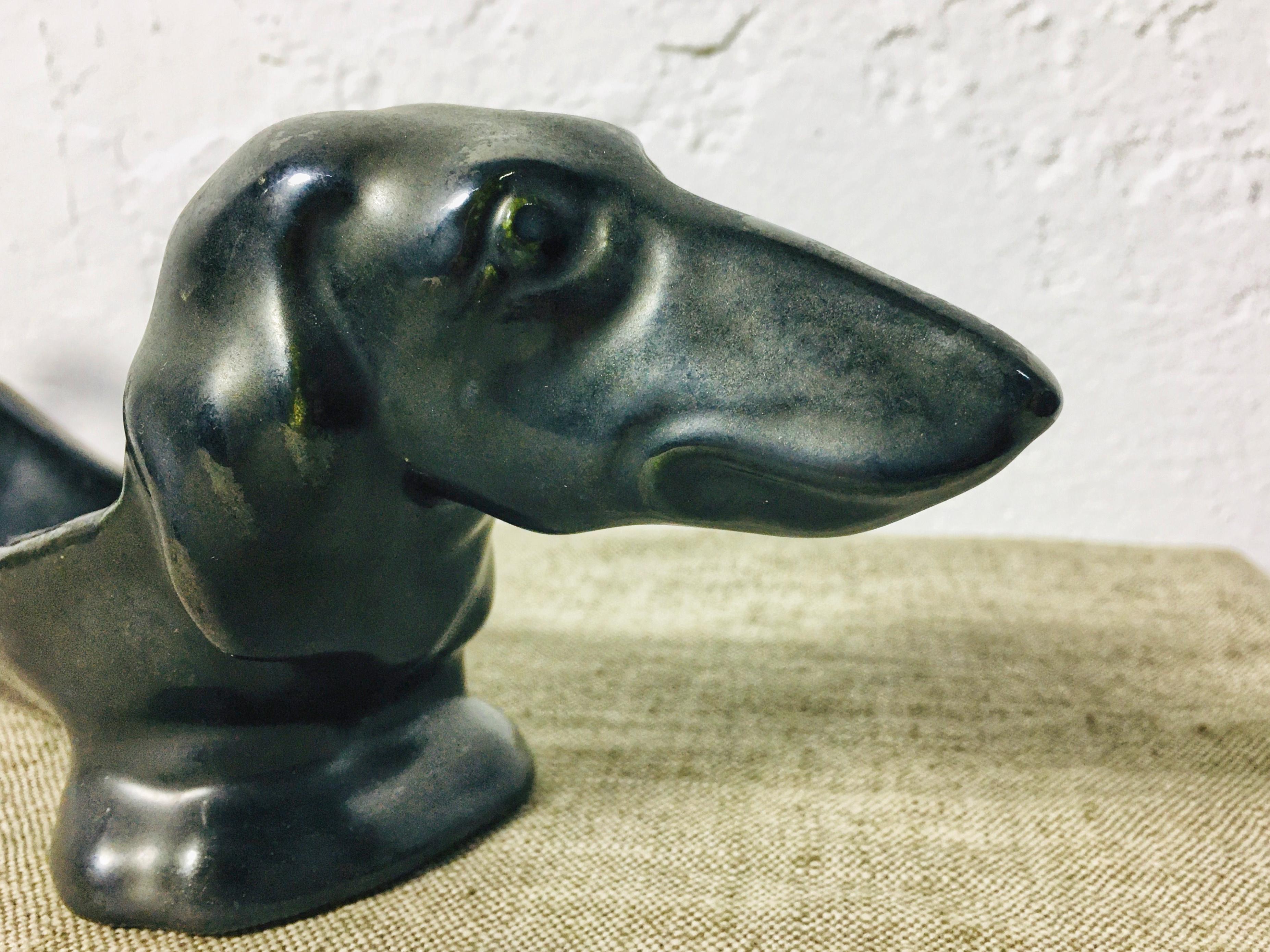 Czech Mid-Century Black Porcelain Dachshund Pocket Emptier / Key Tray Dog Figurine