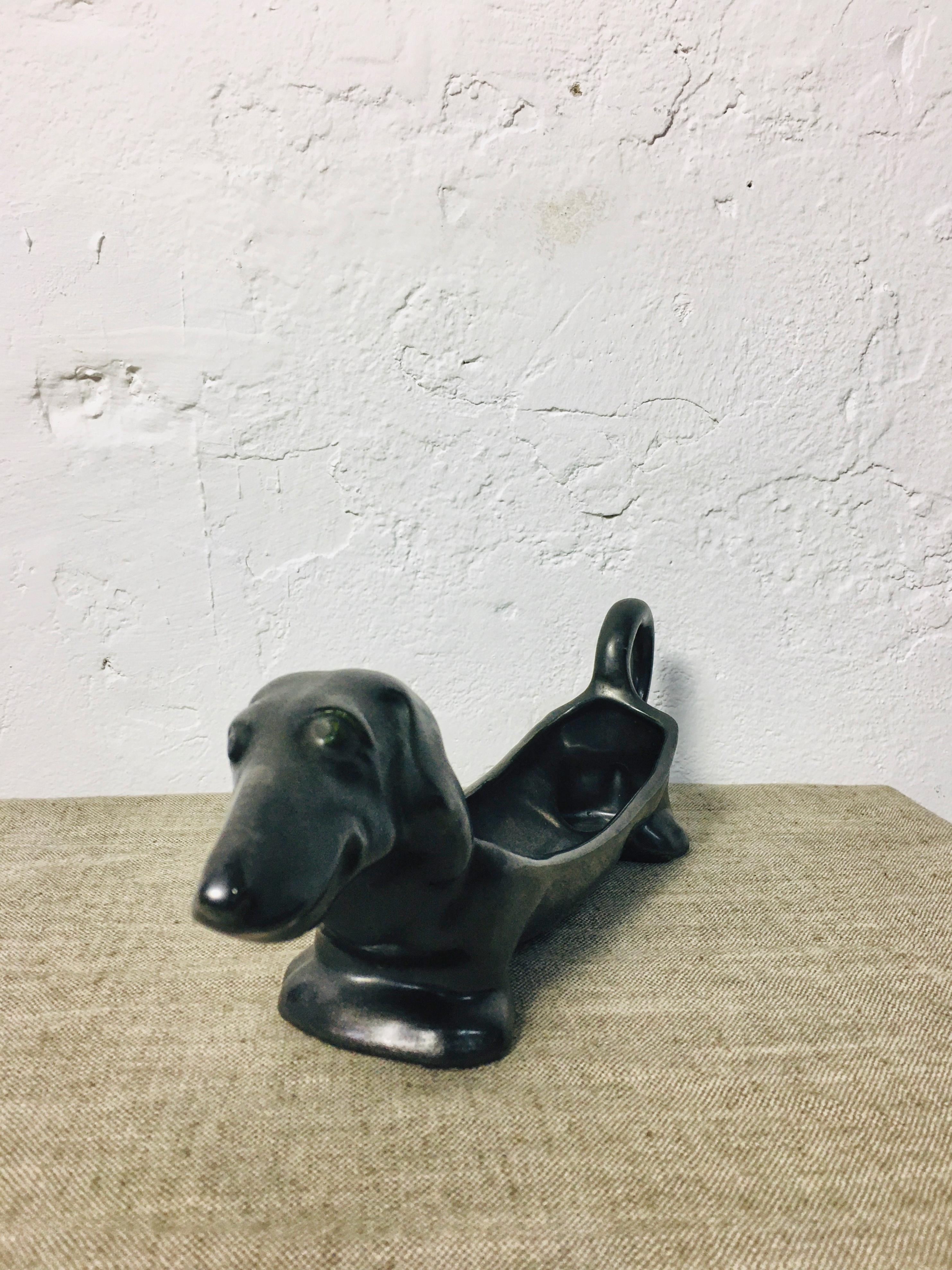 Hand-Crafted Mid-Century Black Porcelain Dachshund Pocket Emptier / Key Tray Dog Figurine