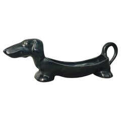 Mid-Century Black Porcelain Dachshund Pocket Emptier / Key Tray Dog Figurine