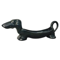 Retro Mid-Century Black Porcelain Dachshund Pocket Emptier / Key Tray Dog Figurine