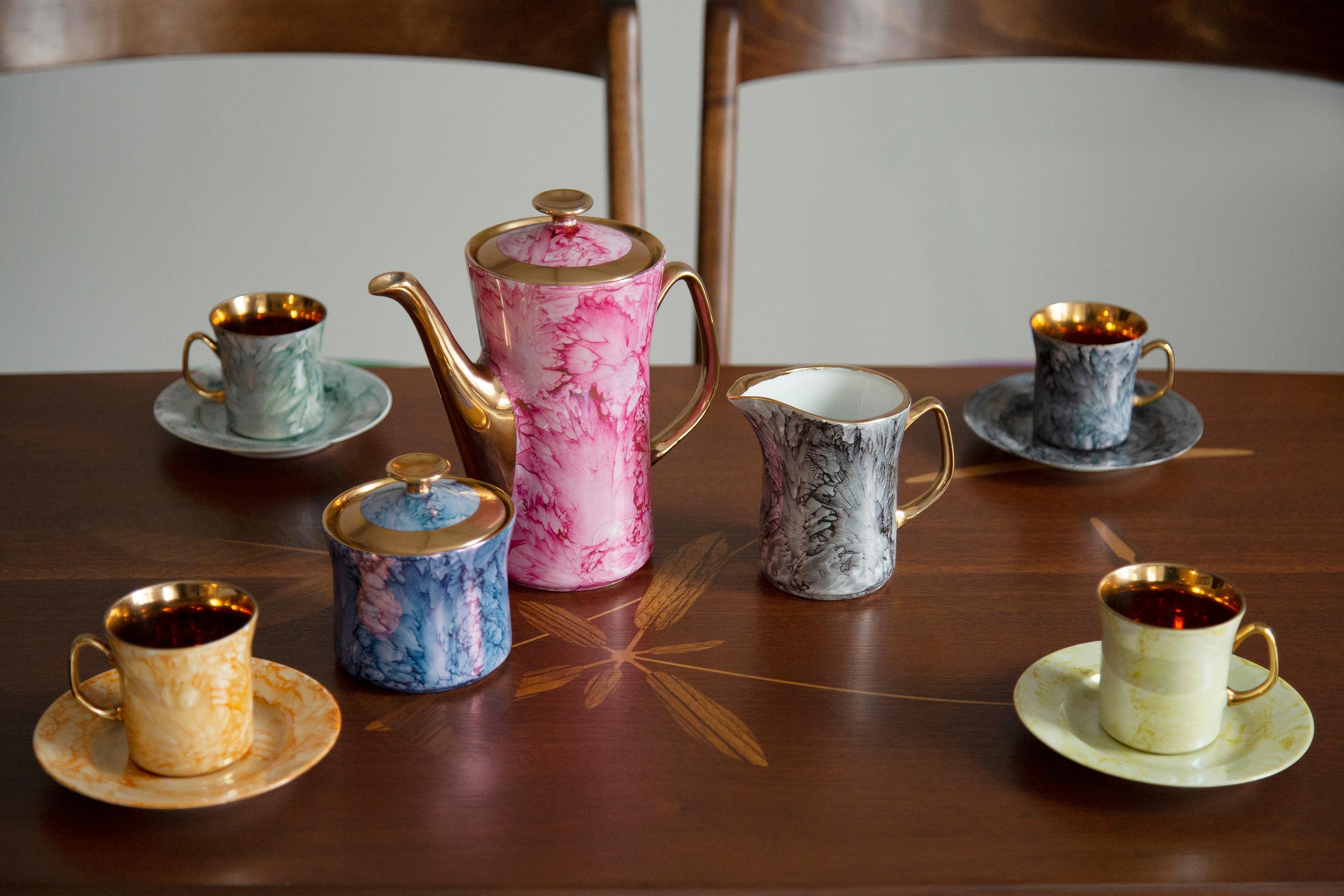 Danish Mid-Century Porcelain Marble Tea Coffee Service Jug and Cups, Europe, 1960s