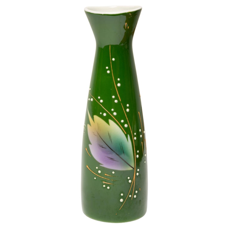Midcentury Porcelain Small Green Vase, Hand Painted, Europe, 1960s For