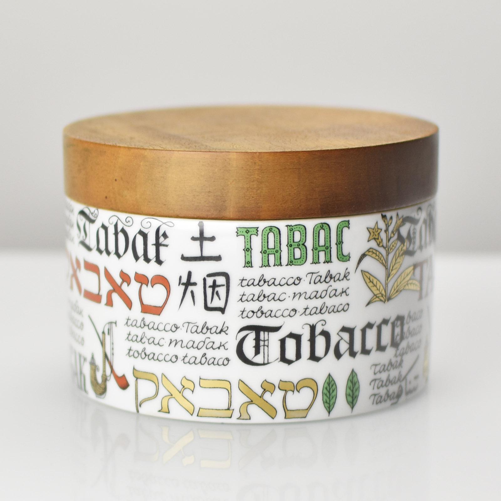 Mid-Century Porcelain Tobacco Jar with Wood Lid, Italian Style Typography For Sale 1