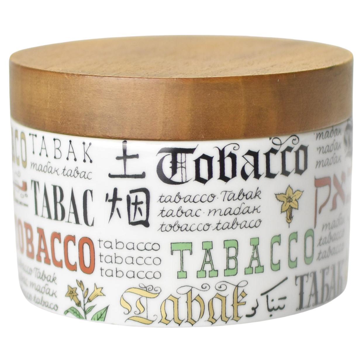 Bote de tabaco de porcelana de mediados de siglo con tapa de madera, tipografía de estilo italiano