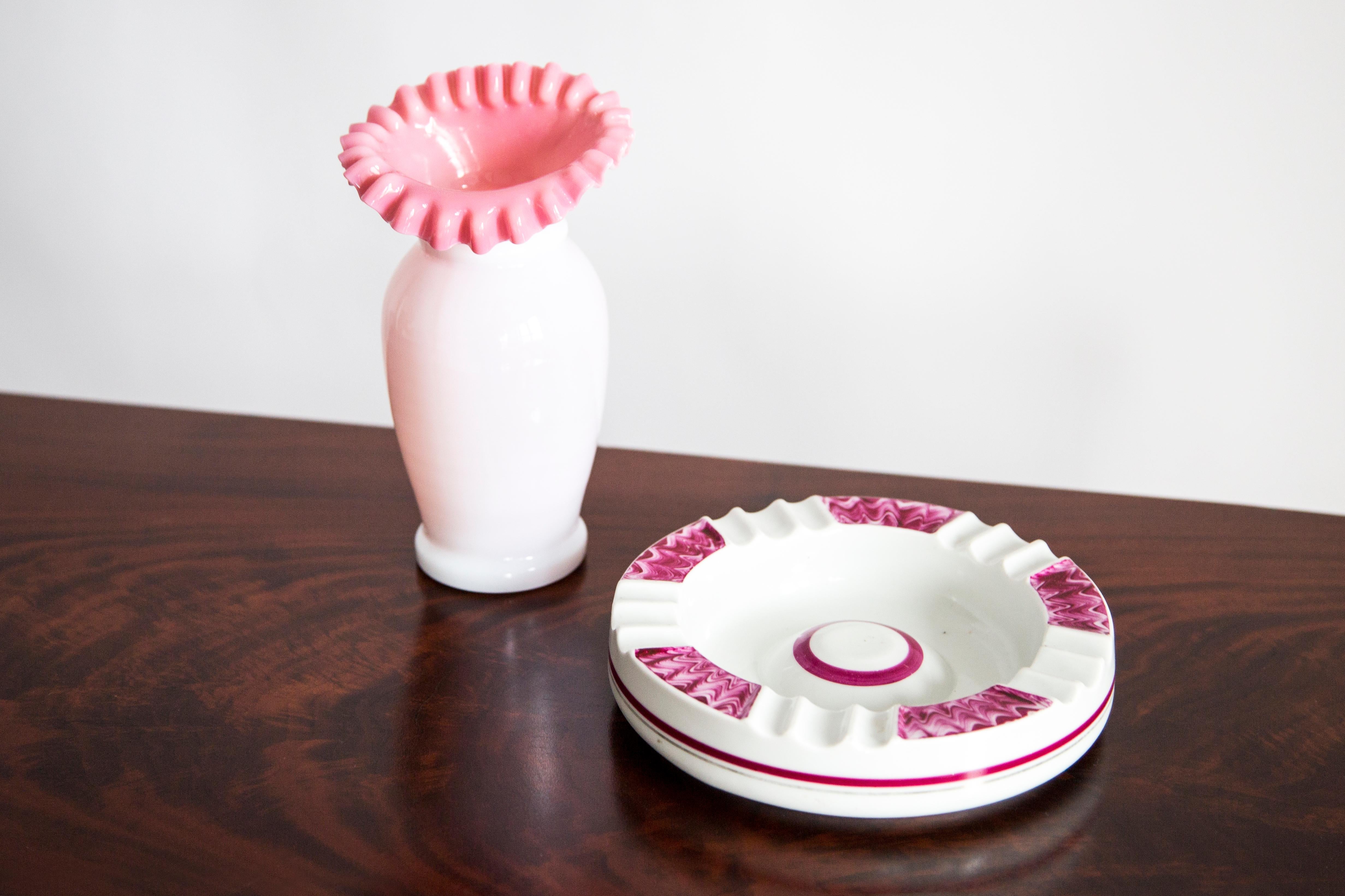 Polish Mid Century Porcelain White and Pink Ashtray, Europe, 1960s