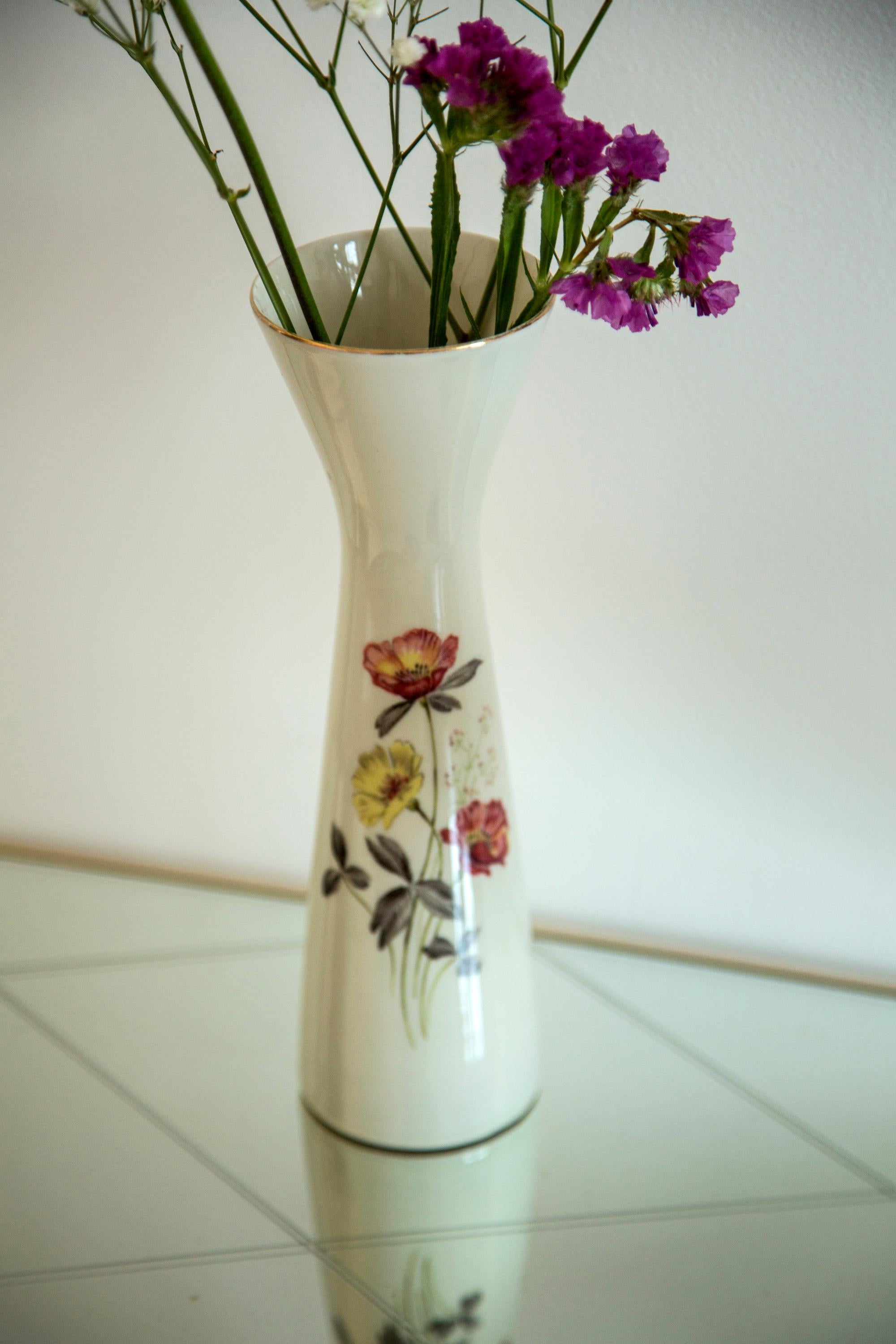 Hand-Painted Midcentury Porcelain White Mini Vase with Roses, Hand Painted, Europe, 1960s For Sale