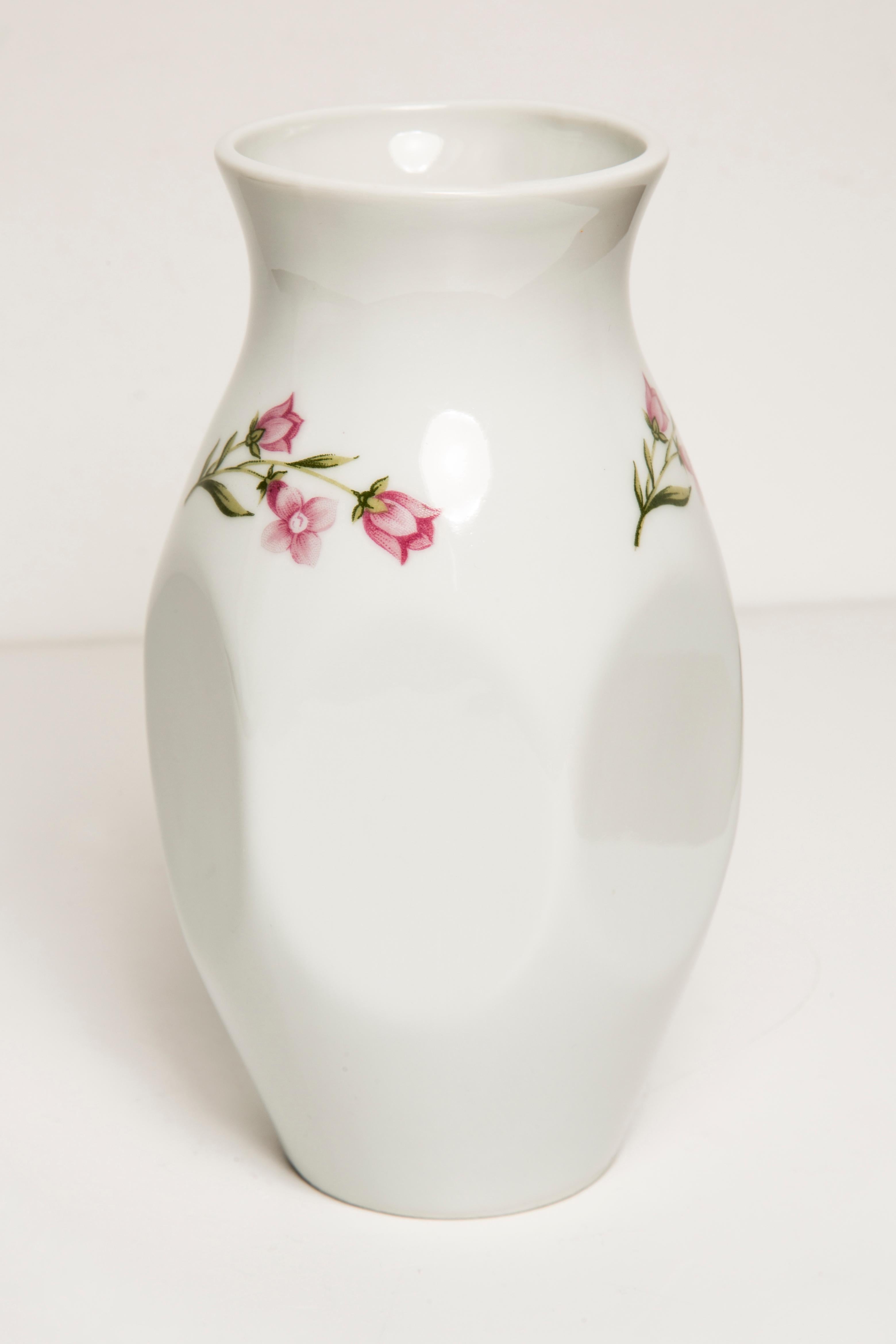 Glass Midcentury Porcelain White Mini Vase with Roses, Hand Painted, Europe, 1960s For Sale