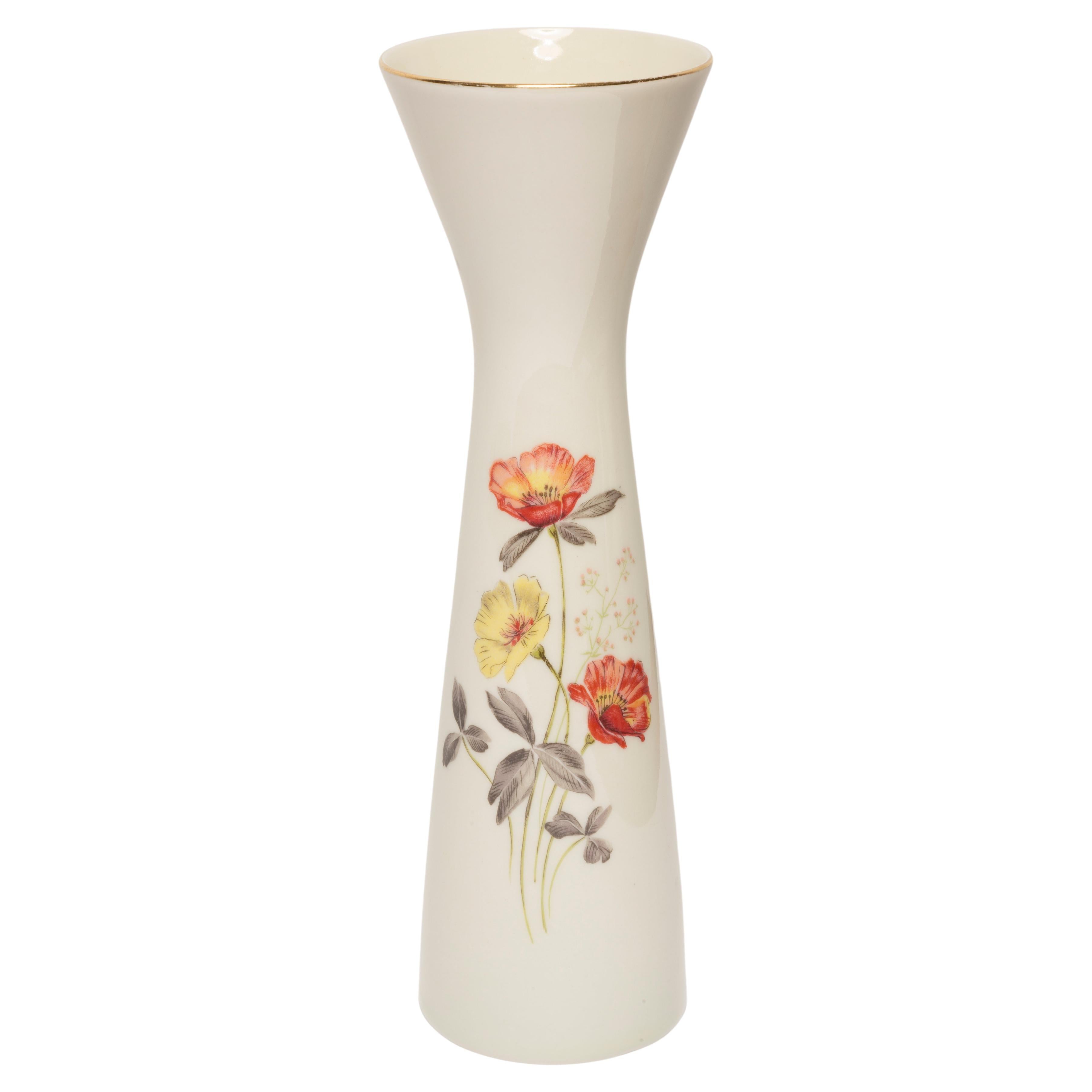 Midcentury Porcelain White Mini Vase with Roses, Hand Painted, Europe, 1960s