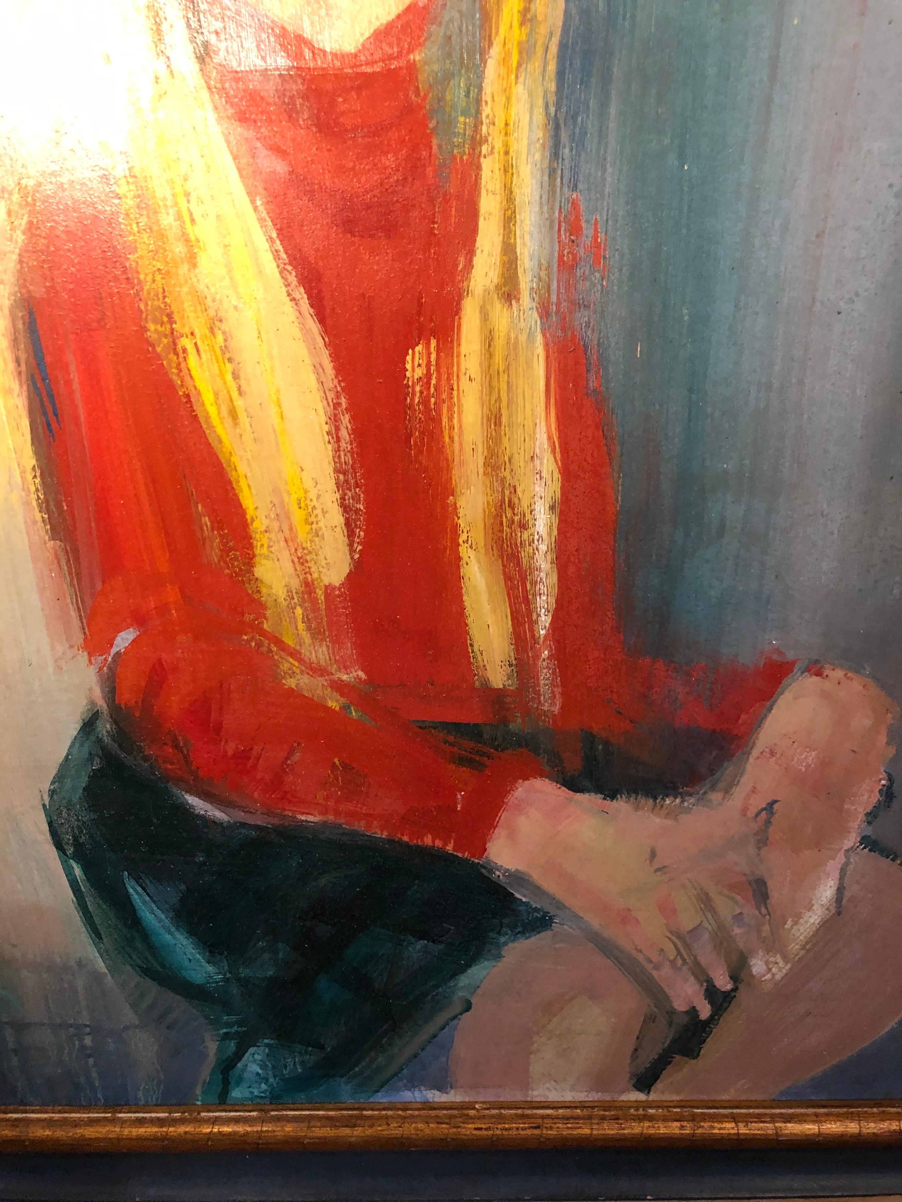 Paint Large Mid Century Portrait of a Girl on Board For Sale