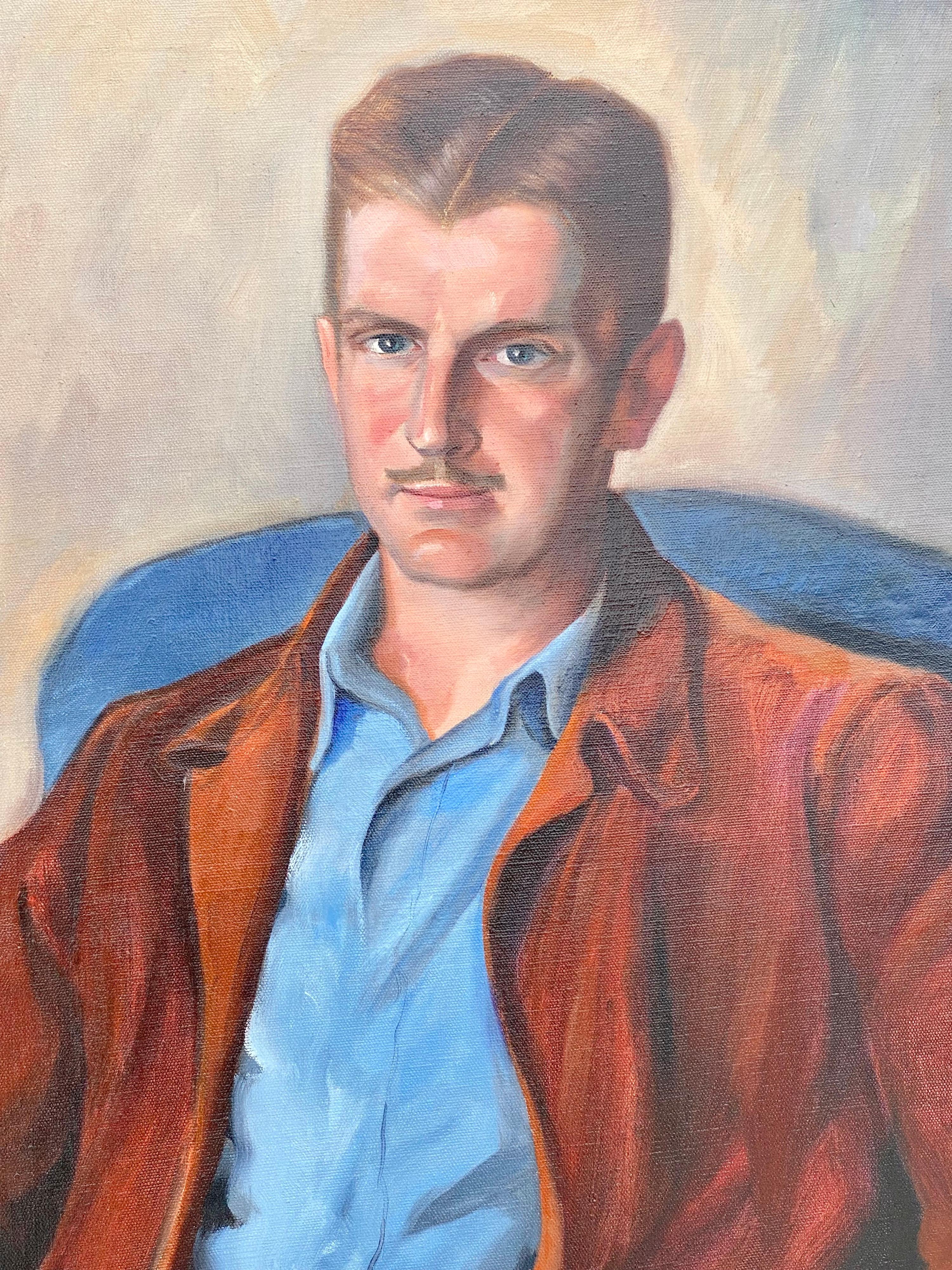 This beautiful mid century painting of a handsome man was painted in the 1950s. The subject was the owner of a beautiful San Diego Estate. Artist was F Stanley Herring. Beautiful antique fold leaf frame with ruby color fillet trim. Subject is seated