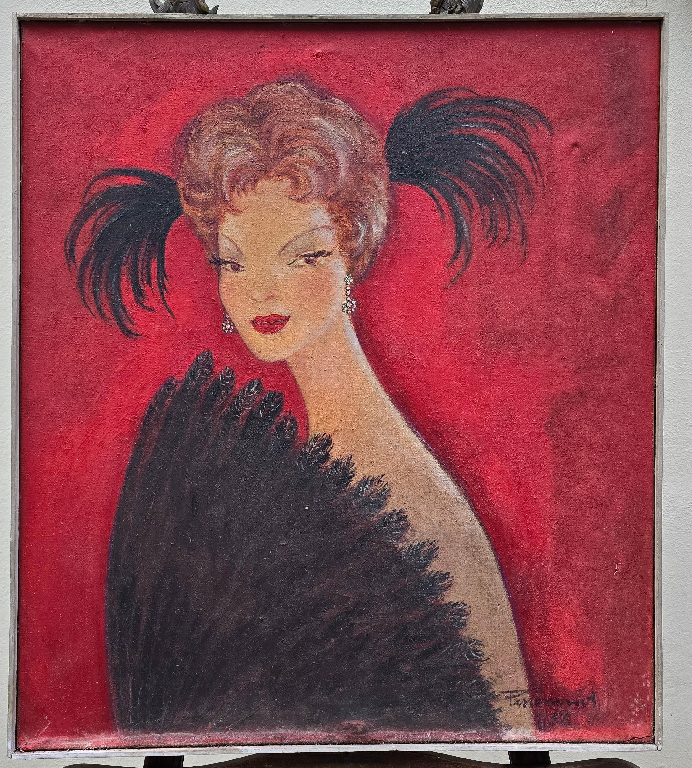 Portrait d'une dame à l'éventail, milieu du siècle, 1958

Cette élégante peinture du milieu du siècle, datant de 1958, capture l'allure intemporelle d'une jeune femme vêtue d'une tenue de soirée glamour. Le sujet est représenté sur un fond rouge