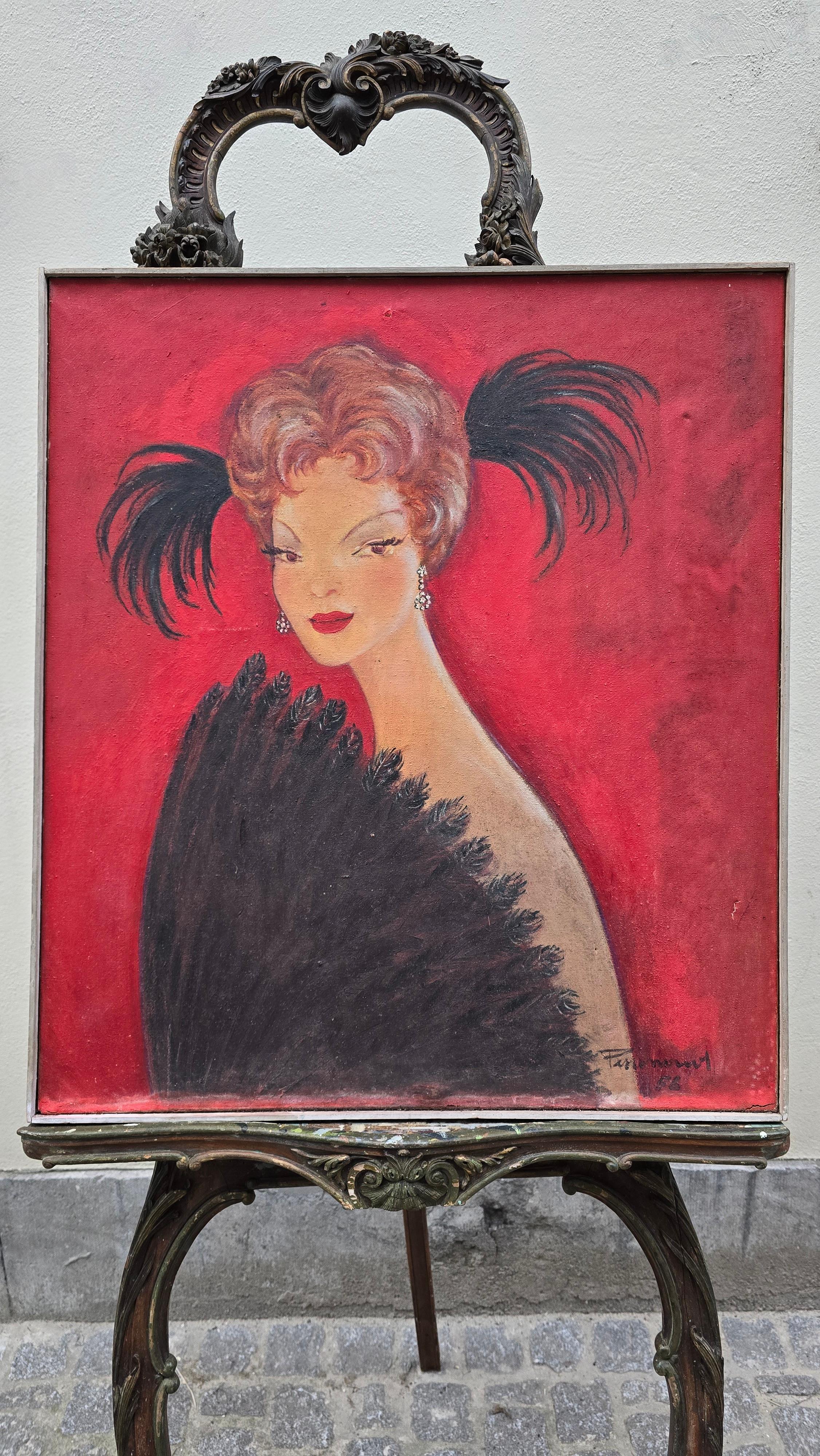 Mid-Century Modern Portrait d'une dame à l'éventail, milieu du siècle, 1958 en vente