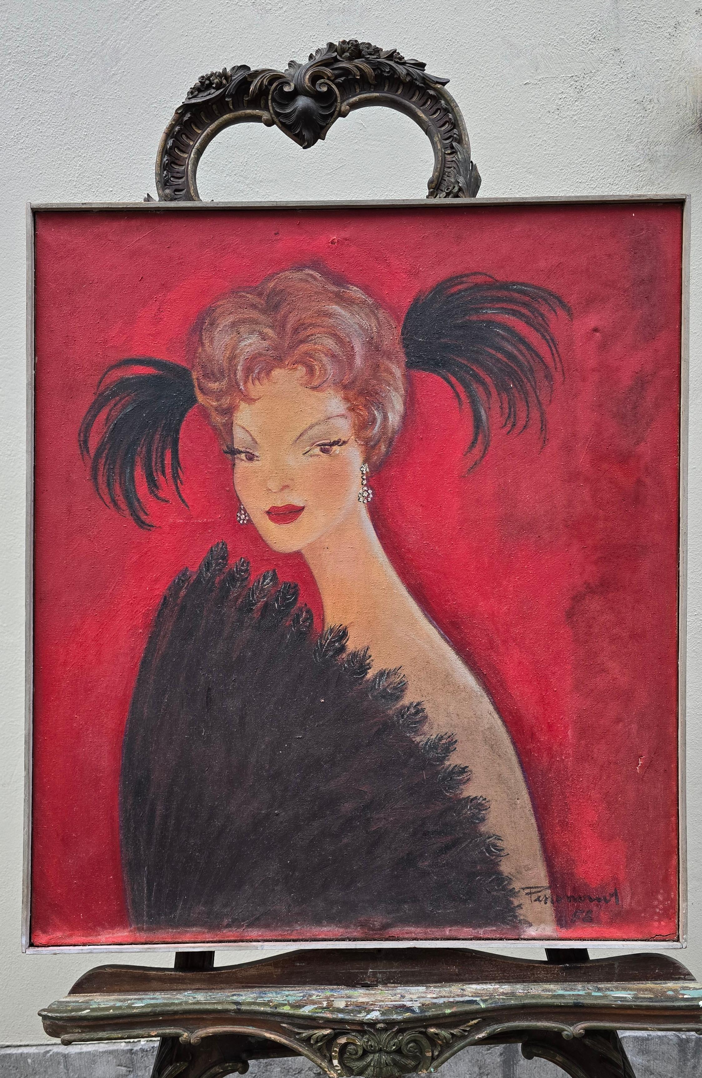 Peint à la main Portrait d'une dame à l'éventail, milieu du siècle, 1958 en vente