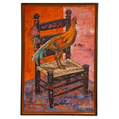 Mid Century Portrait of a Rooster On a Chair signed G Weihl 1969