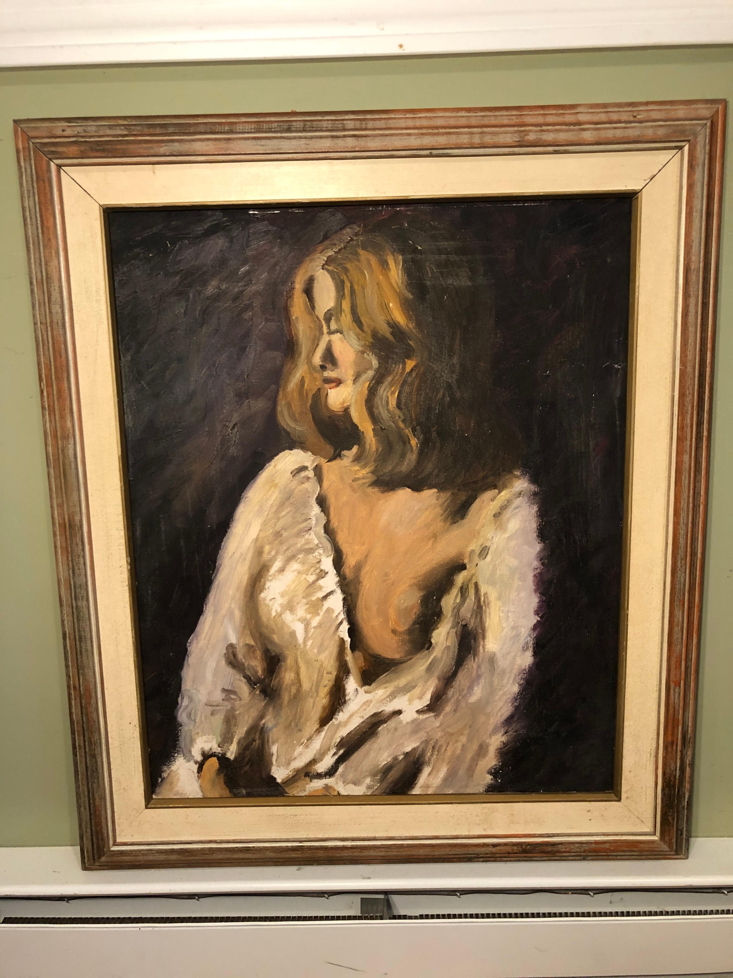 Mid Century portrait of a woman. Oil on board with linen mat and wooden frame. Deep colors abound this quiet portraiture. The softness of the open blouse and the shy demure of the woman suggest a soft sexiness. Unsigned.