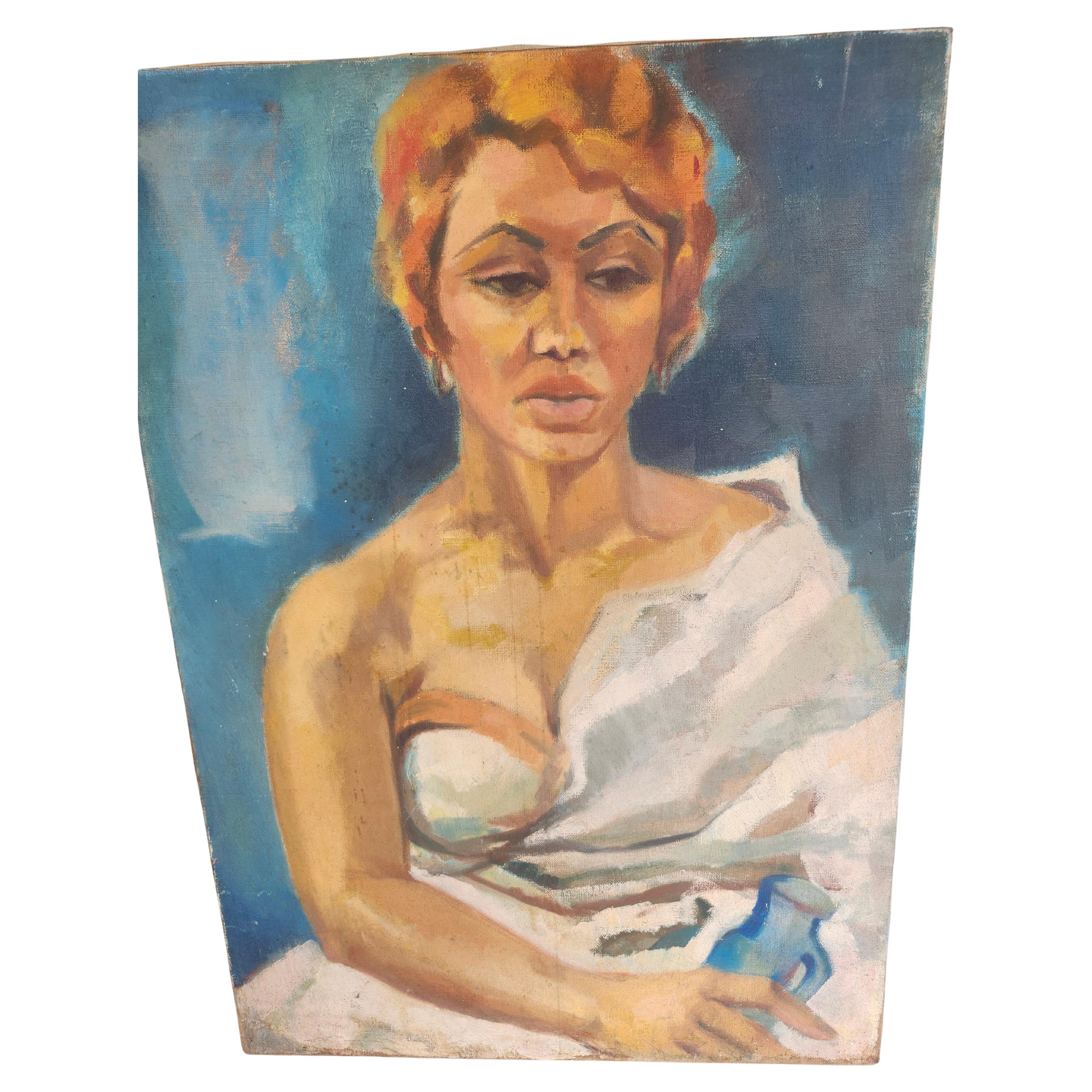 Impressionistisches Porträtgemälde einer Frau mit rotem Haar von F. Quillinan aus Irland, um 1945. Der großartige Einsatz von Farbe und sein Stil sind faszinierend und heben ihren desillusionierten Blick und das Gefäß in ihrer Hand hervor.