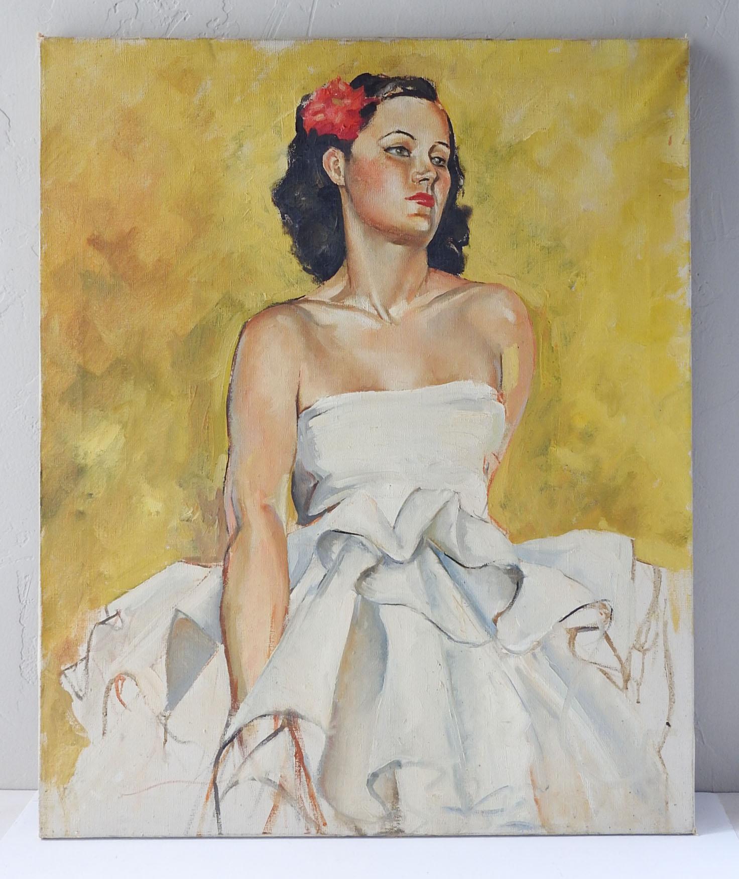 Vintage midcentury oil on canvas portait of young woman in ruffled strapless white gown. A red rose in her dark hair striking a daring pose. Unsigned, Daring written on verso, could be artist or title. Unframed, edge wear.