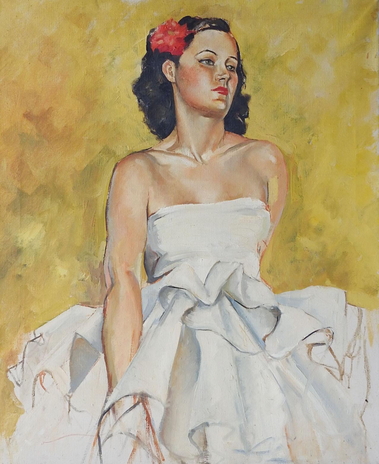 Modern Midcentury Portrait Painting of Daring Young Woman For Sale